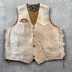 Zony Inc Mens Leather Vest Daytona 2004 Wizard Skull Art Laced Sides Size 54 XL